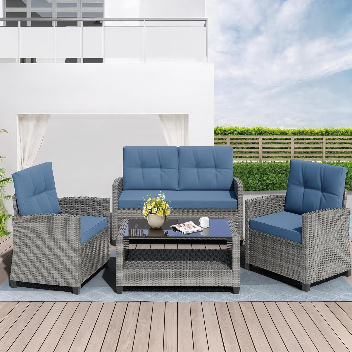 4 Piece Patio Furniture Set, Outdoor Rattan Conversation Set with Coffee Table,