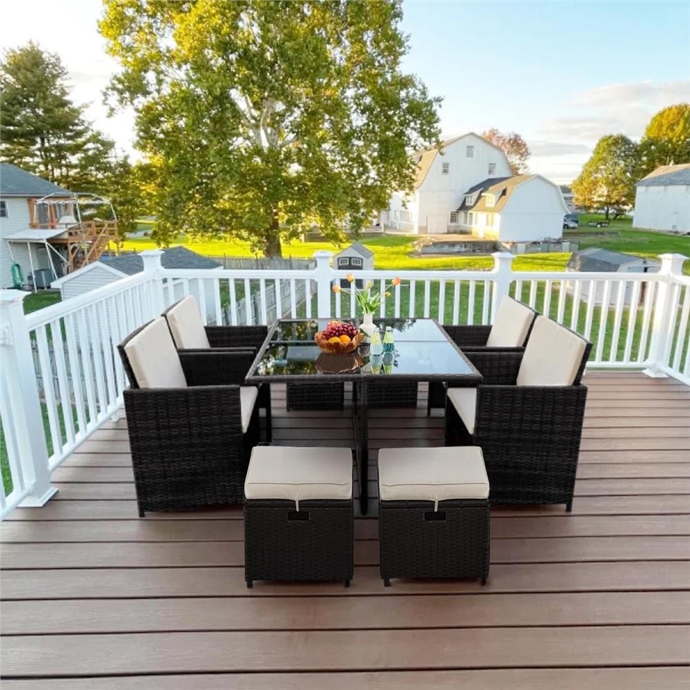 Renwick 9 Piece Patio Dining Set Outdoor Rattan Table Chairs & Ottomans Cushions
