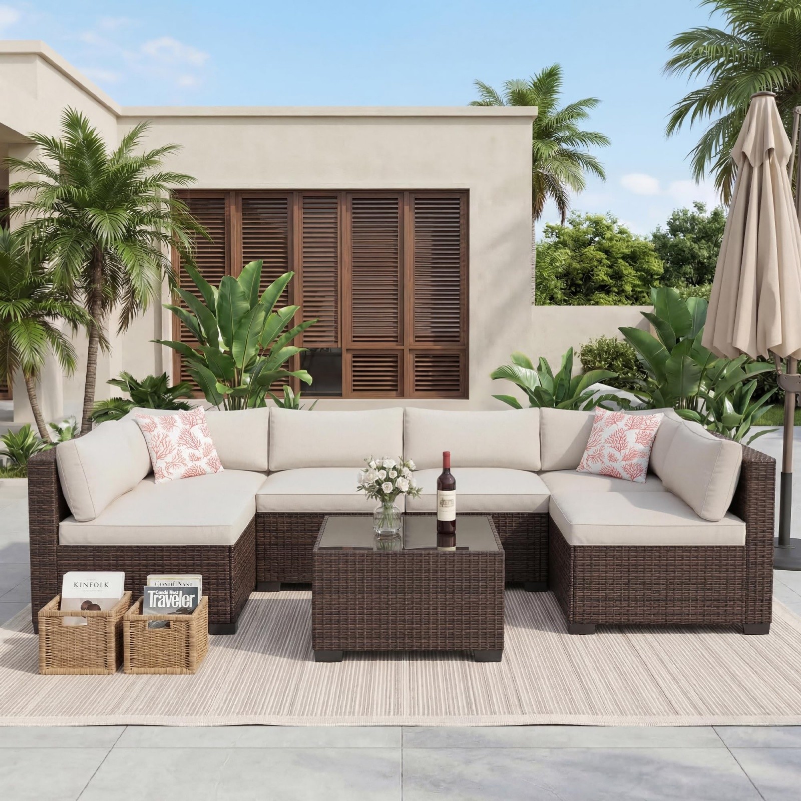 7PCS Patio Rattan Conversation Furniture Set Outdoor Patio with Table Sofa Set