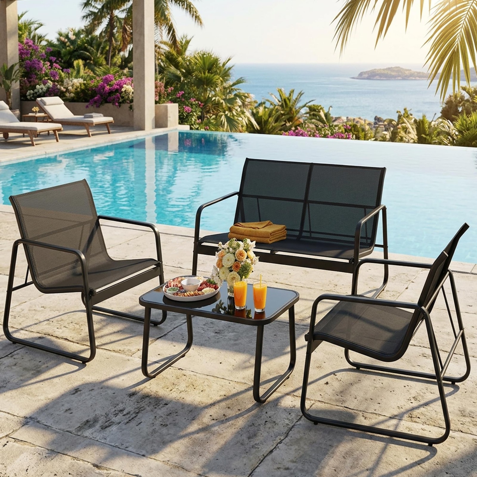Set De 2 Sillas Loveseat Y Mesa 4 Piezas Muebles Para Patio Exterior En Oferta