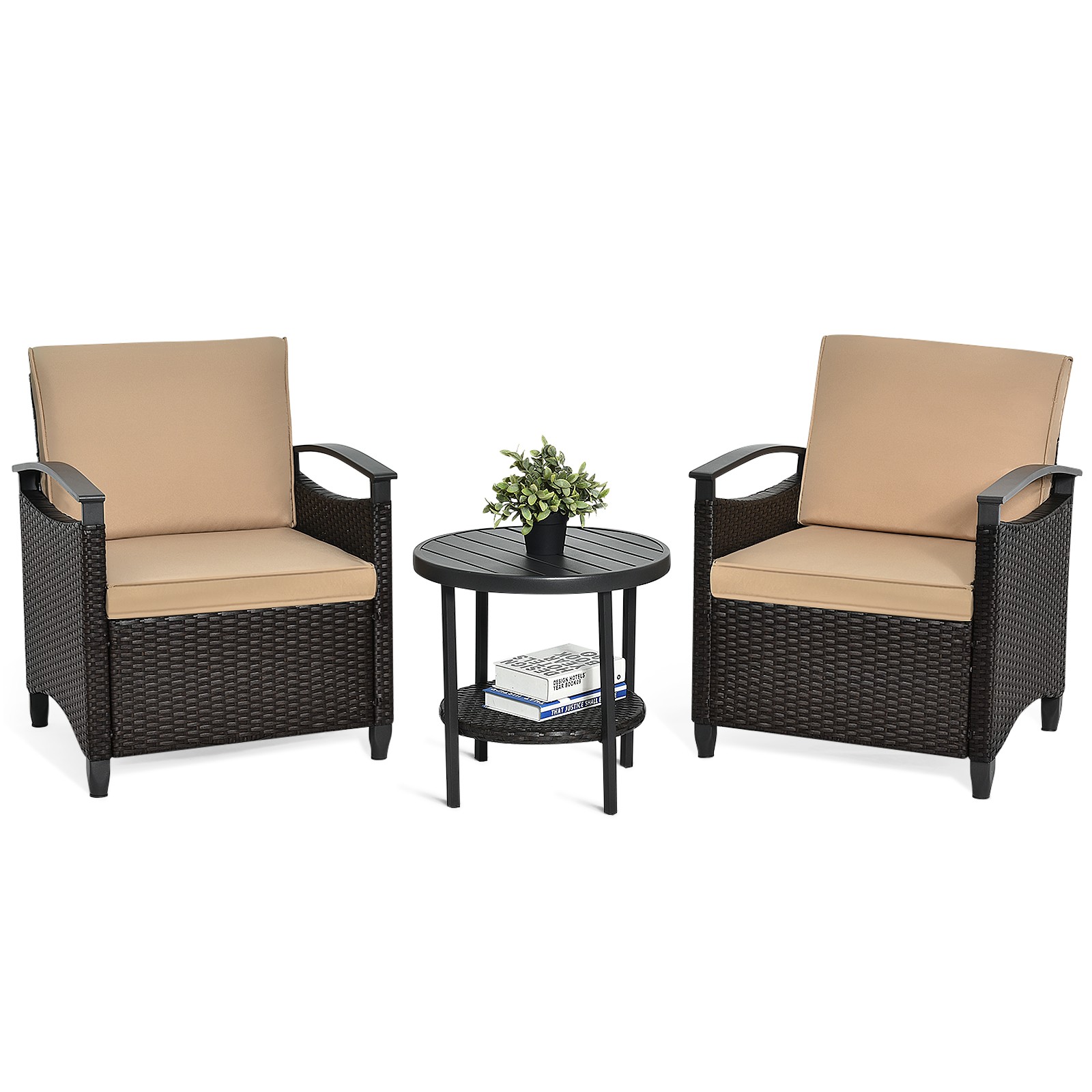 Topbuy 3PCS Rattan Sofa Chair Patio Conversation Set W/ Coffee Table & Cushions