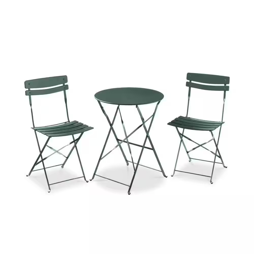 Dark Green, 3-Pieces Patio Bistro Set of Foldable round Table and Chairs