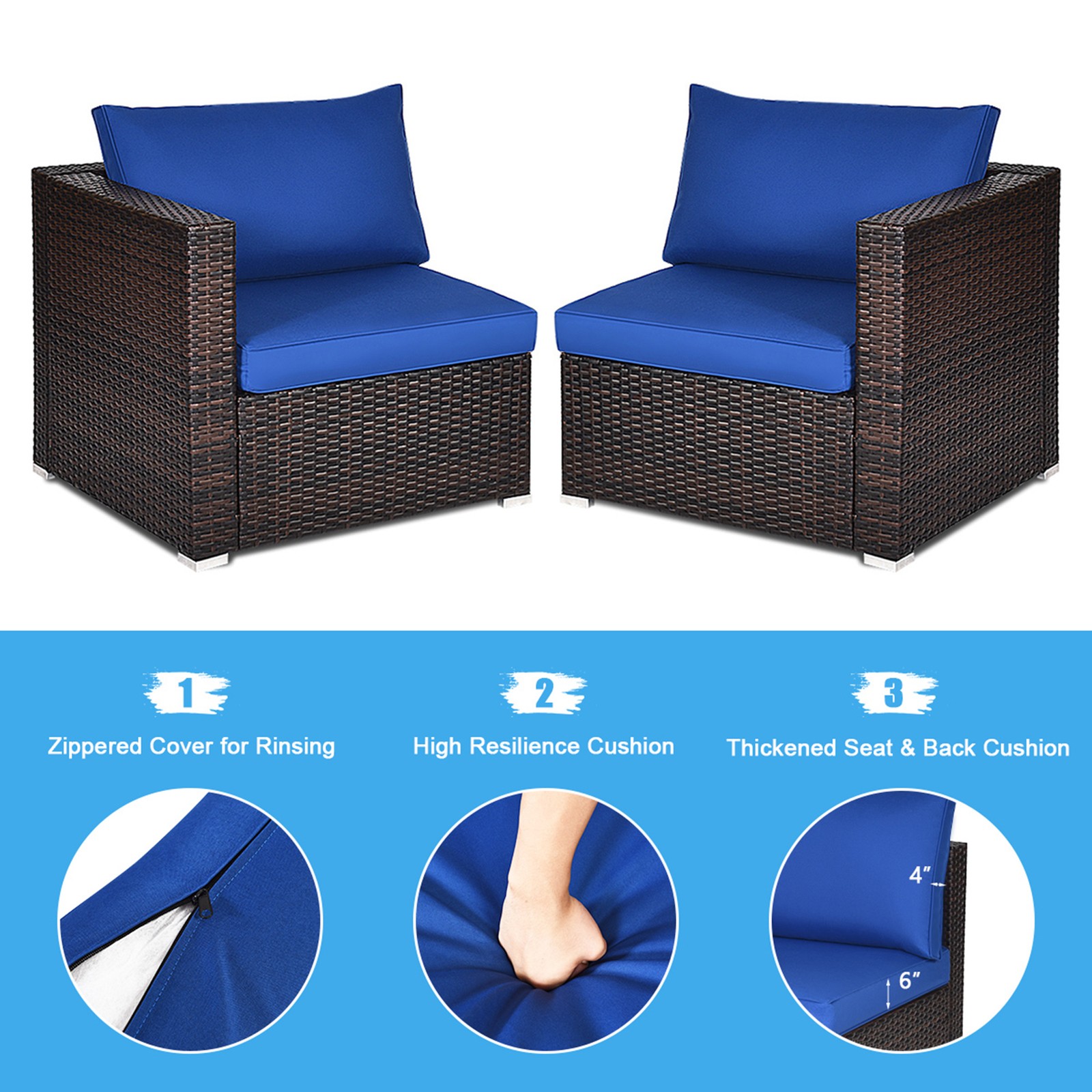 2PCS Rattan Corner Sofa Set Patio Outdoor Furniture Set w/ 4 Navy Cushions
