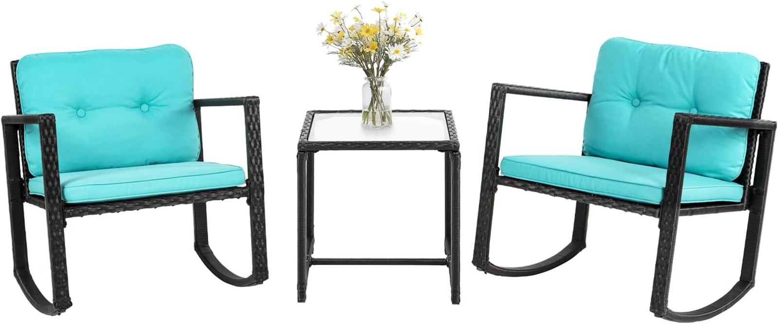 Stylish 3-Piece Rattan Rocking Bistro Set with Cushions & Glass Table