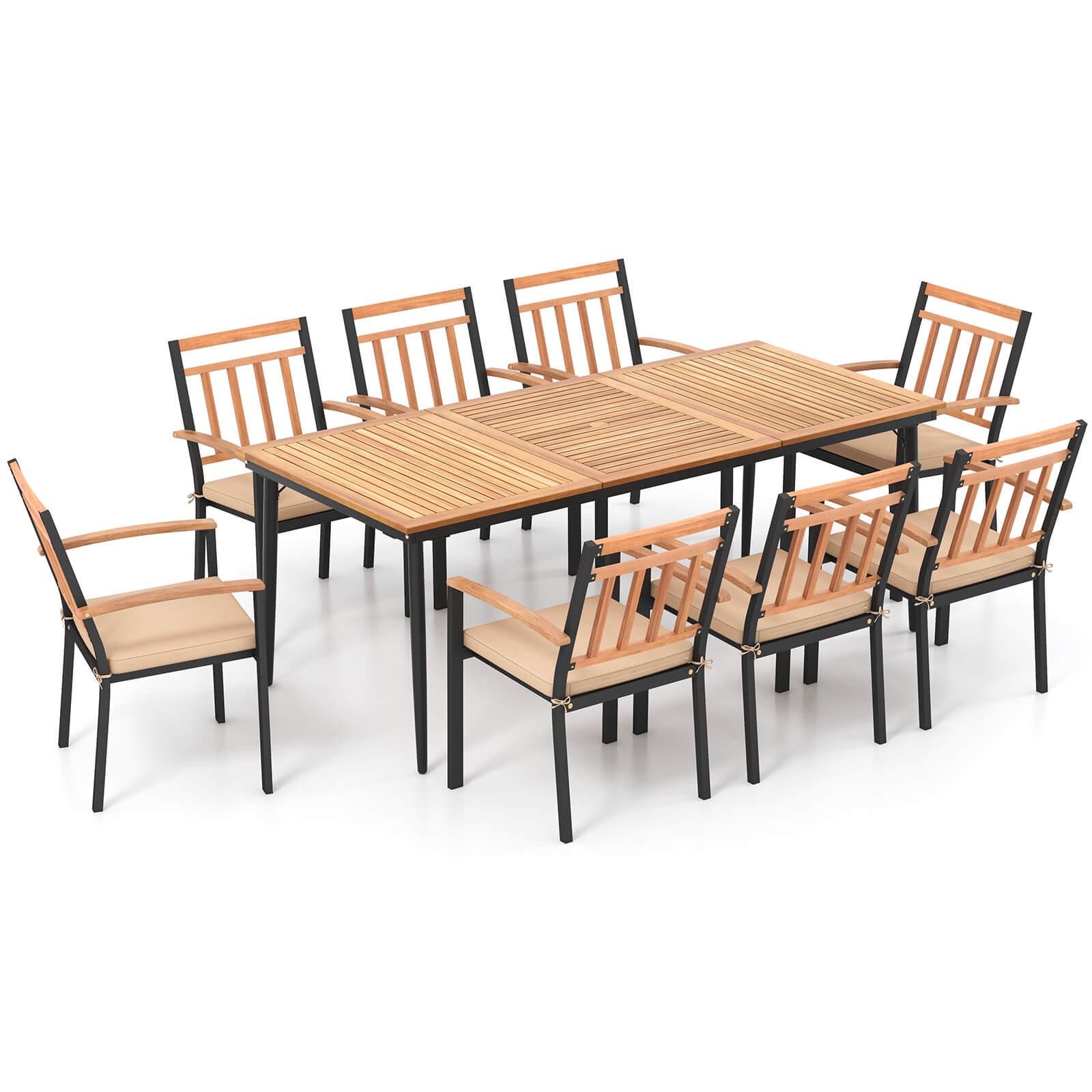 9 PCS Patio Dining Set 79″ Rectangle Dining Tables with 8 Wooden Armchairs