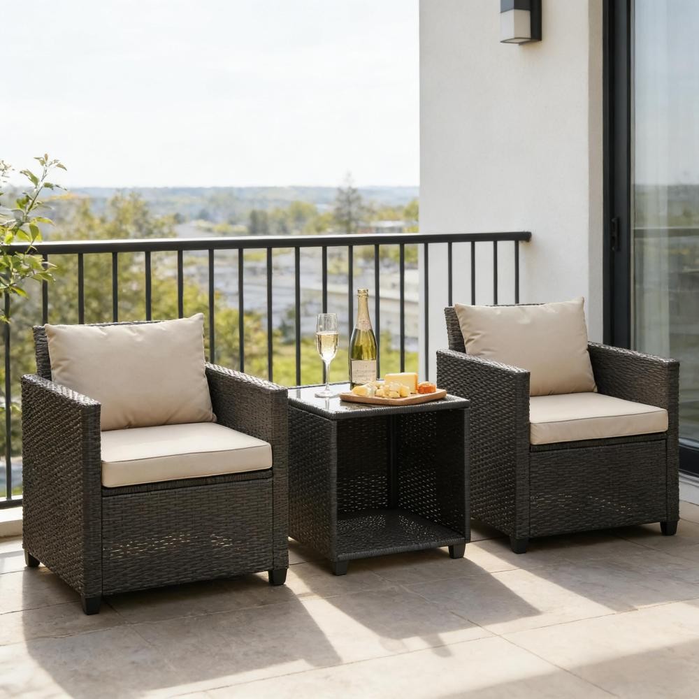 3-Piece Outdoor Bistro Set with Cushions & Glass Table
