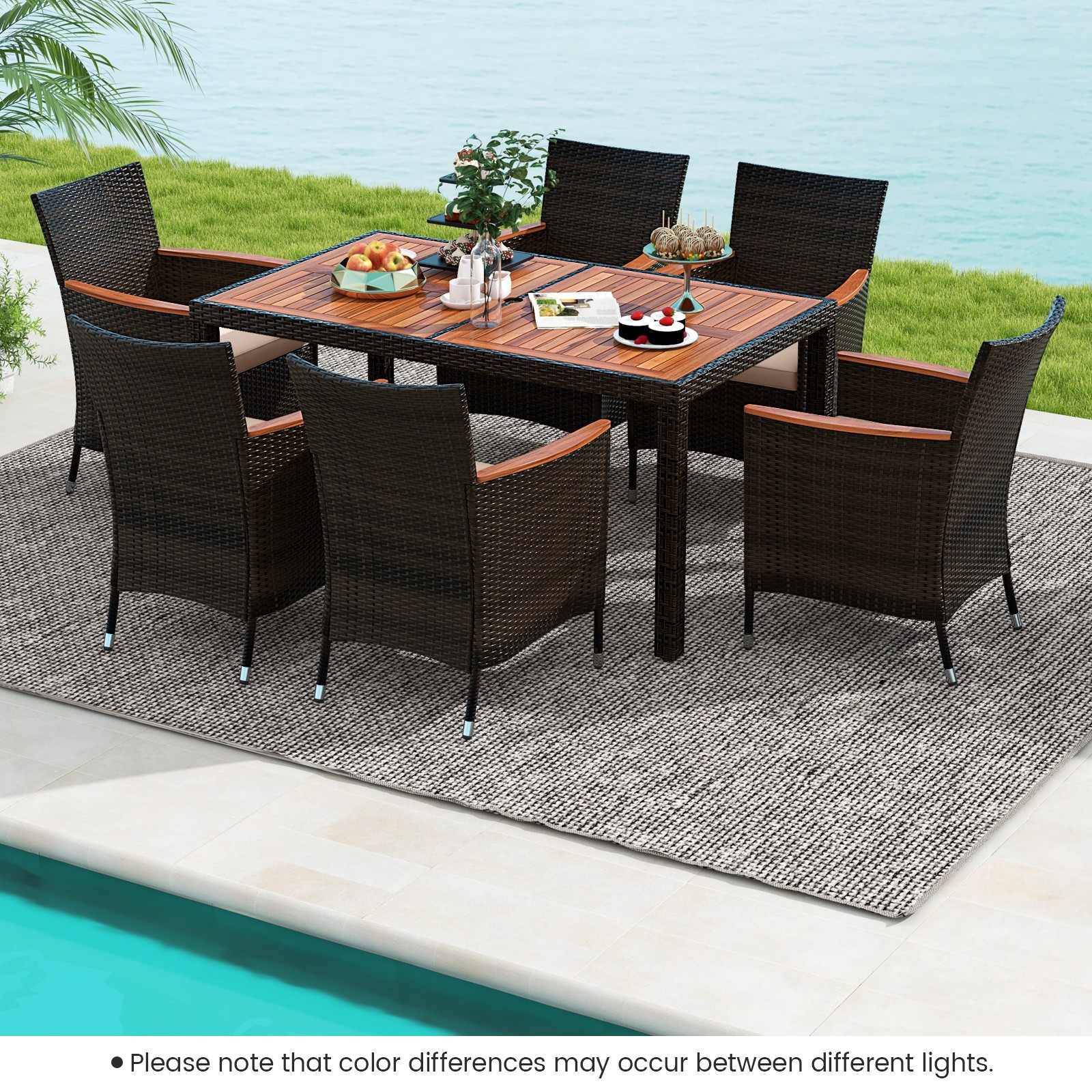 7 Pieces Garden Dining Patio Rattan Set Cushions Backyard Outdoor Table Chair