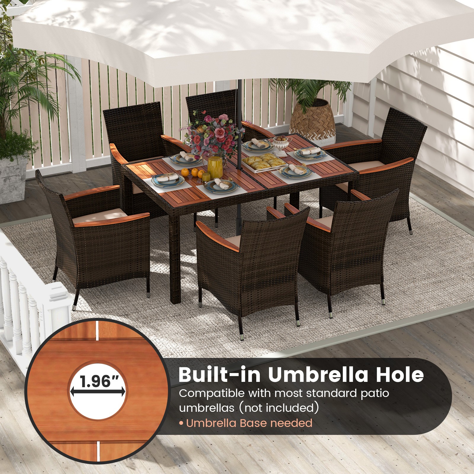 7 Pieces Garden Dining Patio Rattan Set Cushions Backyard Outdoor Table Chair