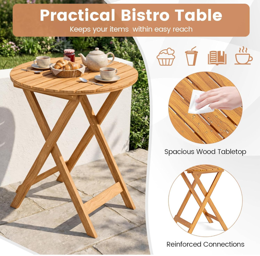3Pcs Patio Bistro Set,Wood Folding Table Set, 2 Cushioned Chairs for Garden Yard