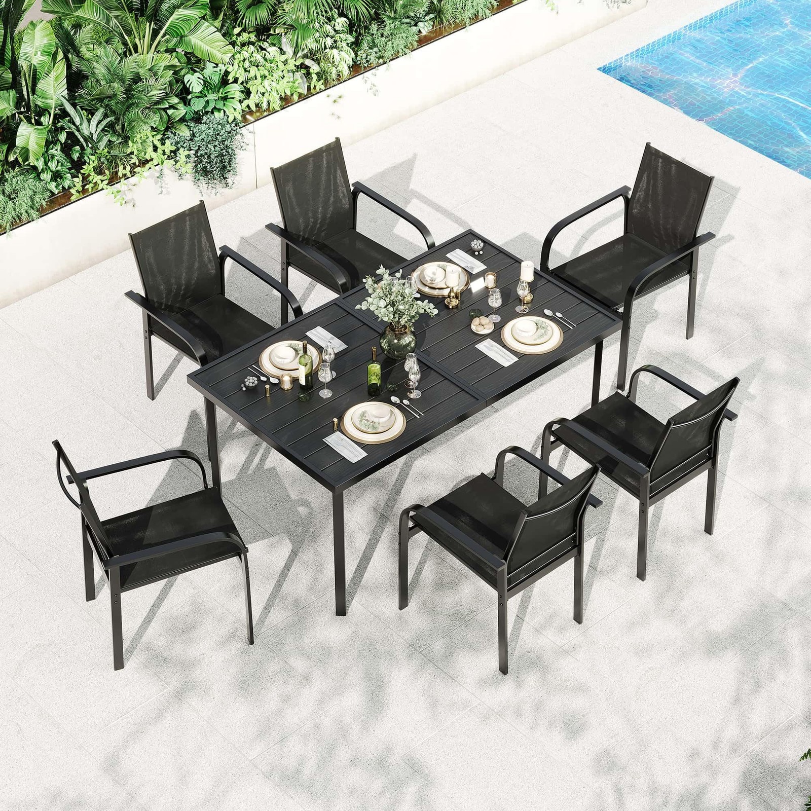 Garvee 7 Piece Patio Dining Set for 6 55″ Table Textilene Chairs Iron Armrests