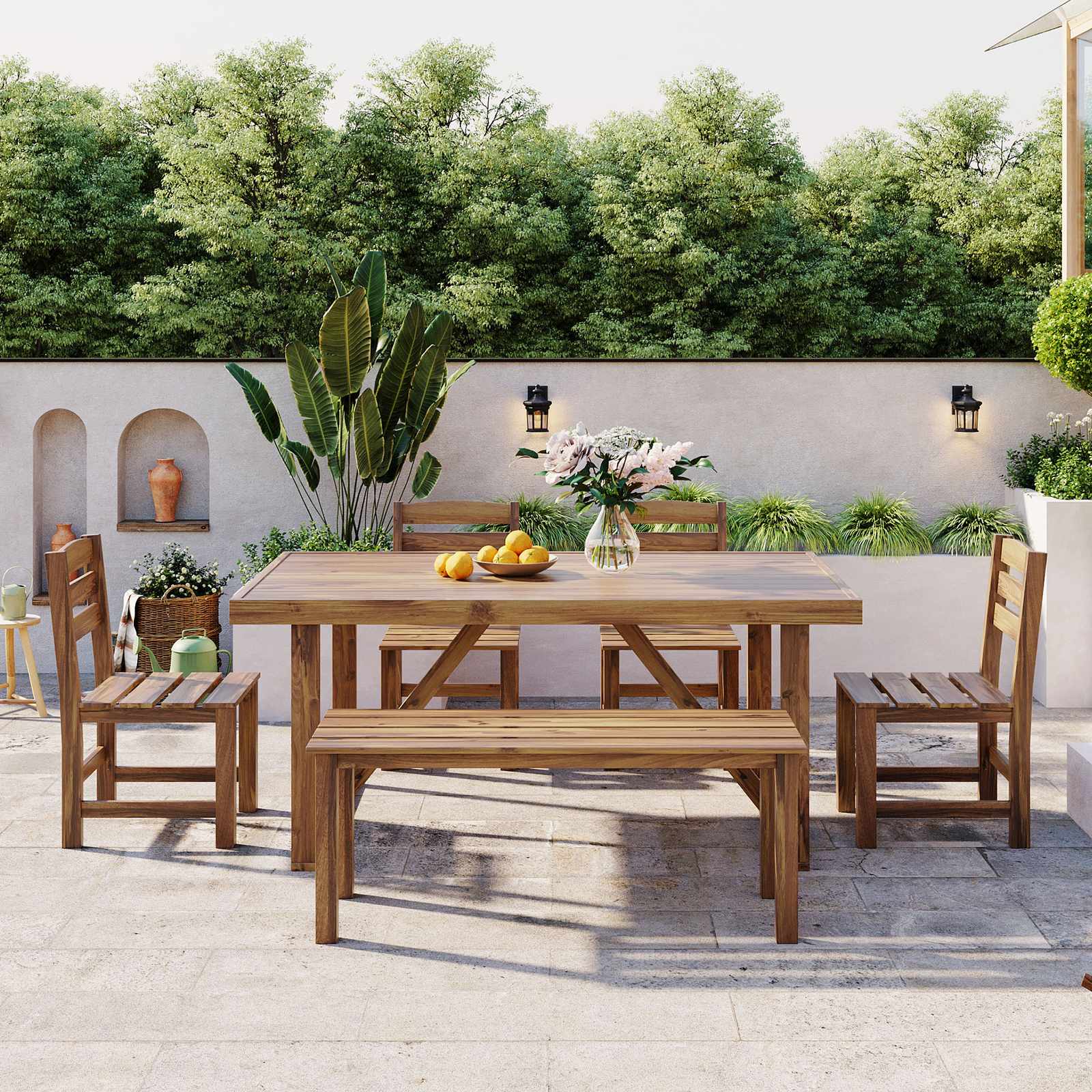 6Pieces Patio Furniture Dining Set Acacia Wood Outdoor Table and Chairs Backyard