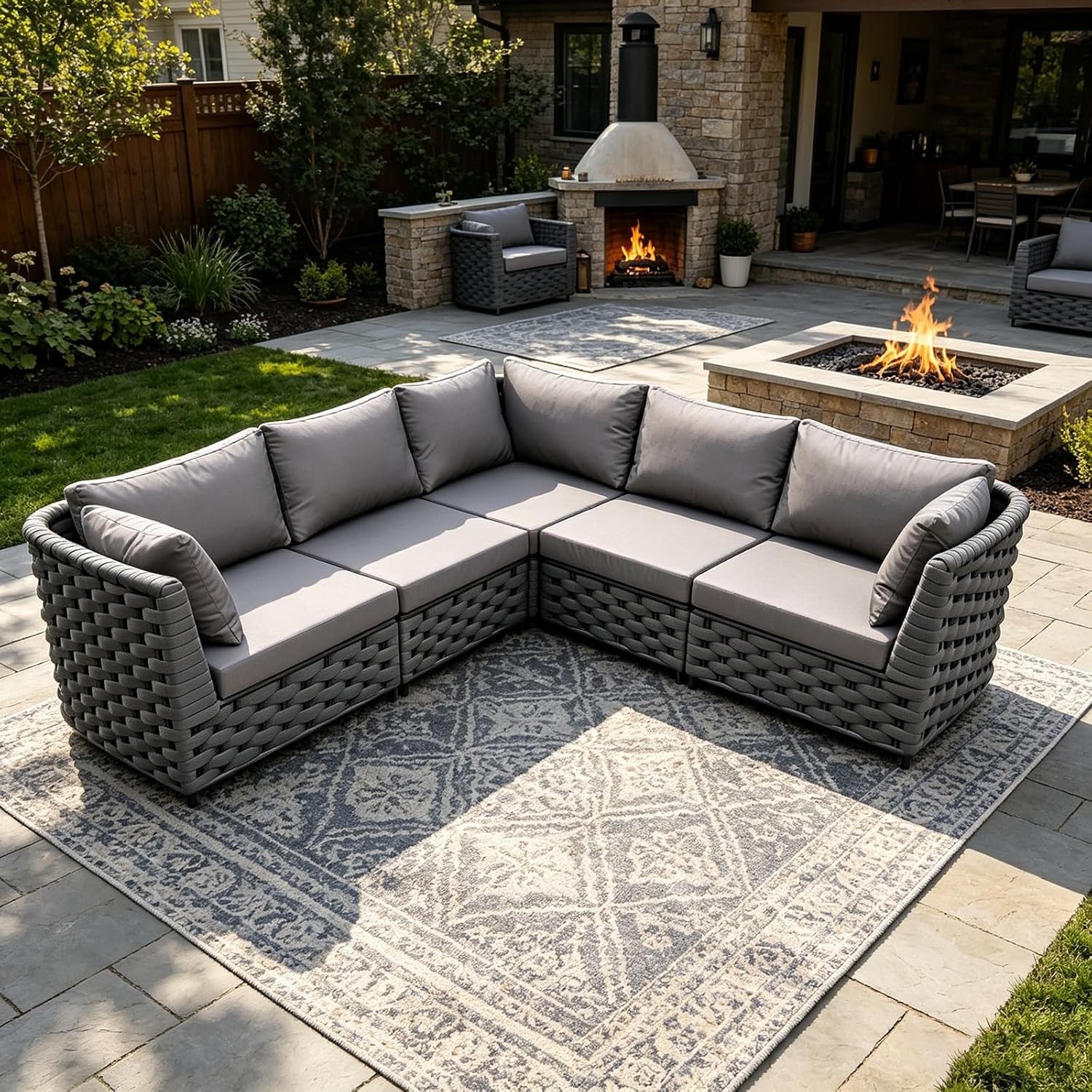 TWT 5-Piece Modular Outdoor Sectional Sofa 5-Seater Woven Rope Patio Couch