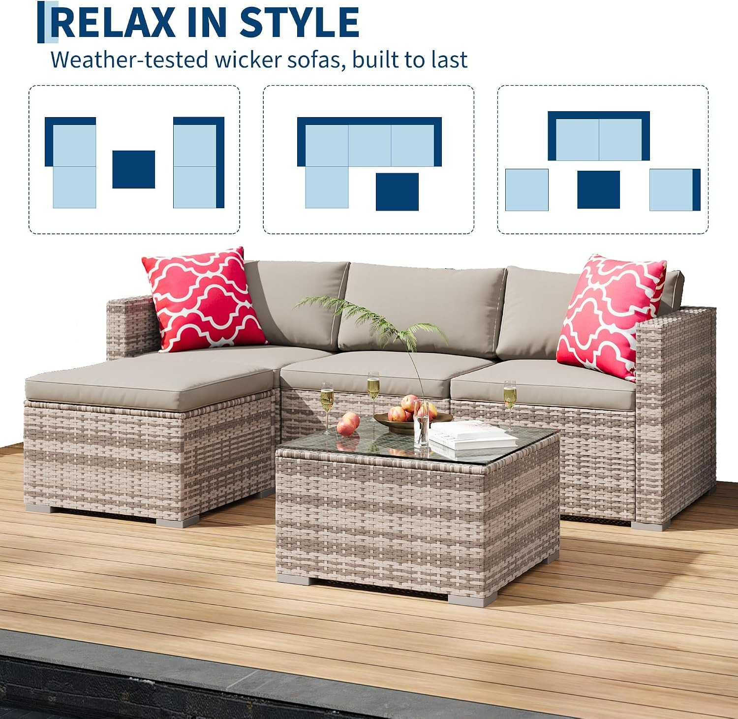 Outdoor Patio Furniture Set of 5, L-Shaped Gray Wicker Sectional Sofa with Plush