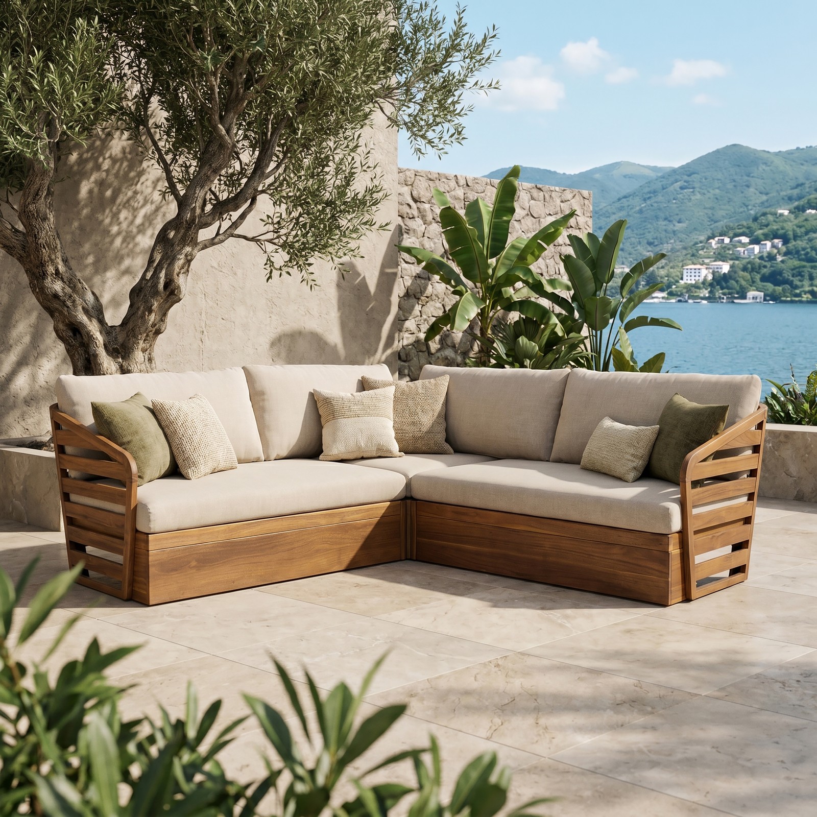 Acacia Wood Patio Sectional Sofa Set, 2 Seater, Teak Beige