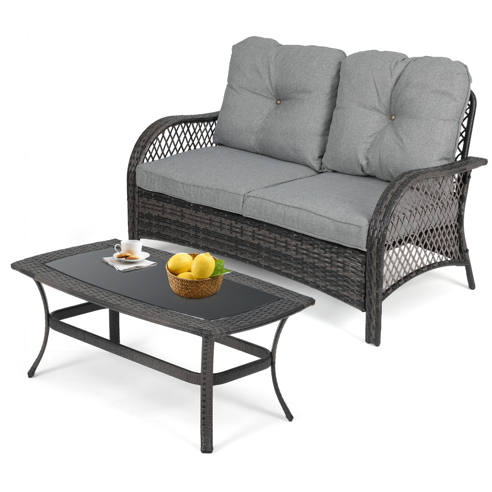 2 Set of Patio PE Rattan Furniture Set All-Weather Sofa Coffee Table w/Cushion