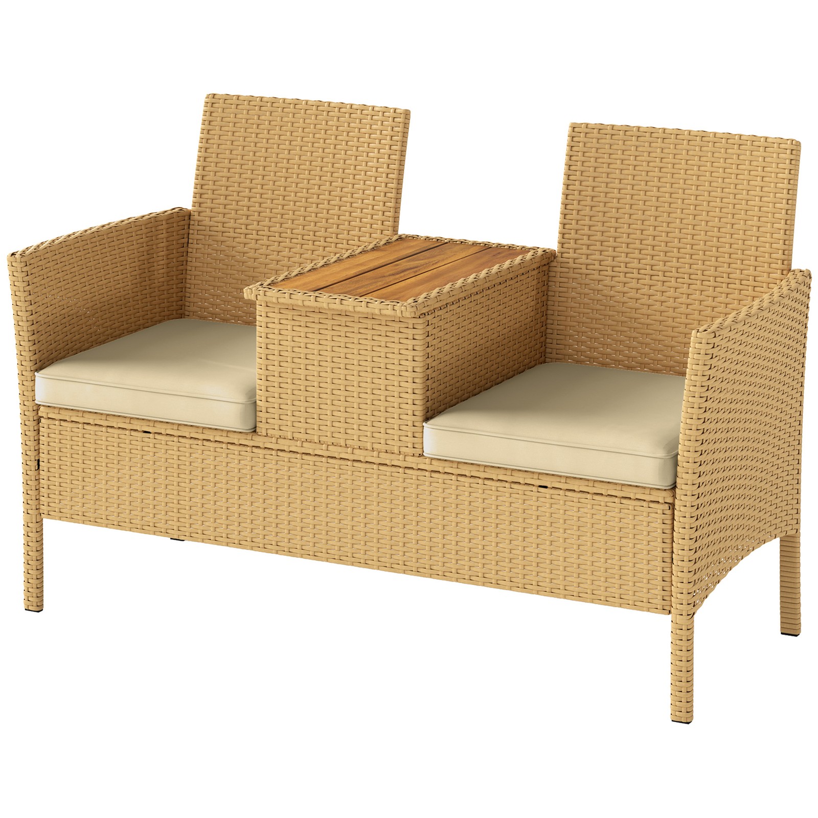 Outsunny Rattan Patio Loveseat Wicker Sofa with Built-in Coffee Table Khaki