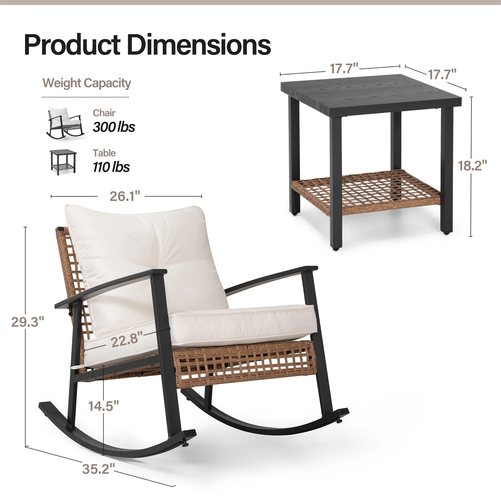 LAUSAINT HOME 3PC Patio Conversation Set Wicker Rocking Chairs 2-Tier Table Beig