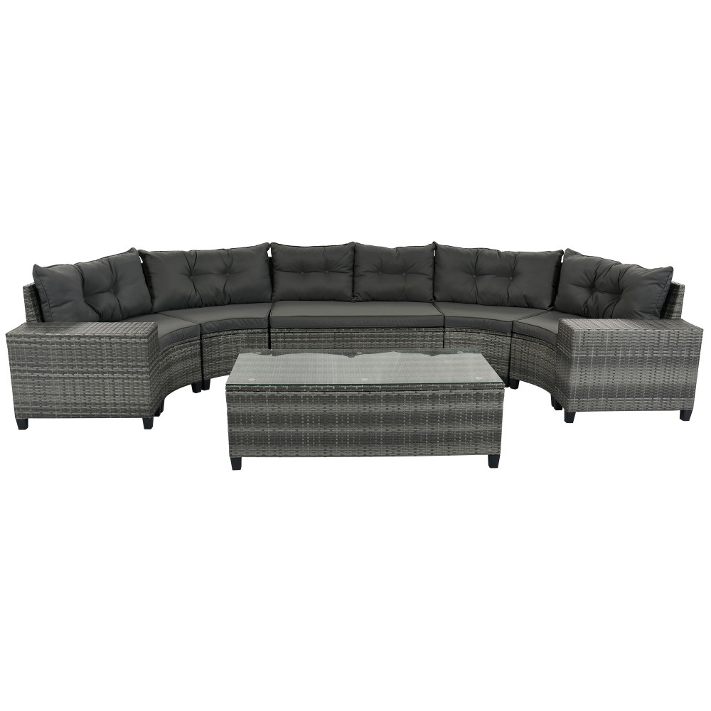 Half-Moon Outdoor Sofa Set 8-pc w/ Coffee Table, PE Rattan, Gray Cushions, Patio