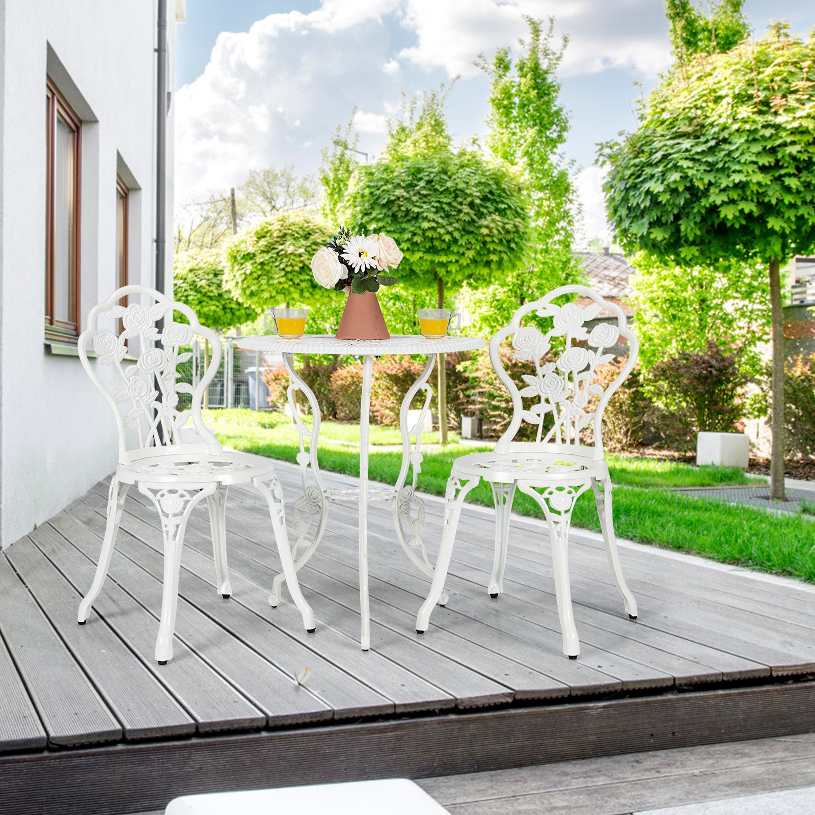 Patiojoy Outdoor 3PCS Cast Aluminum Patio Bistro Furniture Set Rose Design White