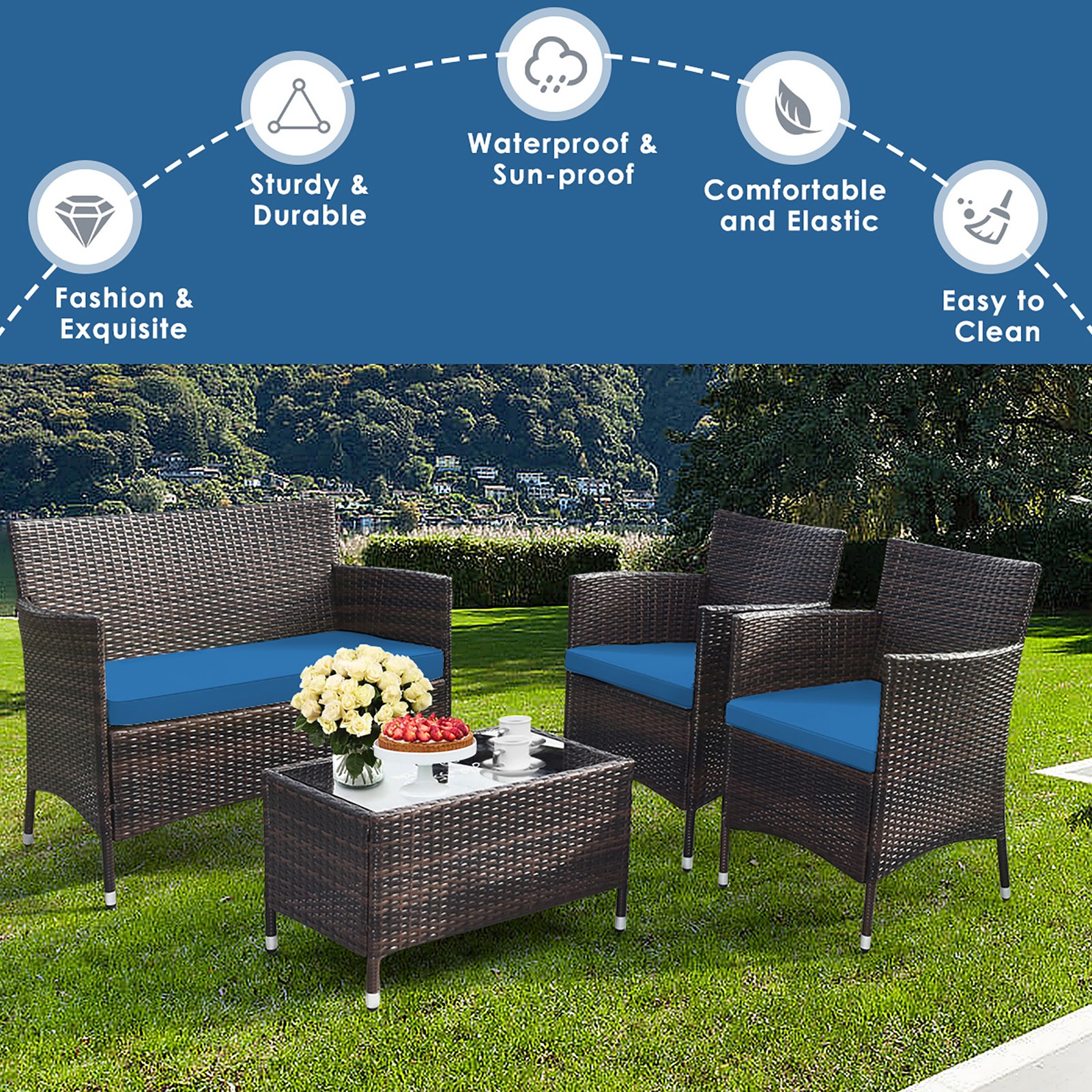 4PCS Patio Rattan Conversation Furniture Set Outdoor w/ Peacock Blue Cushion