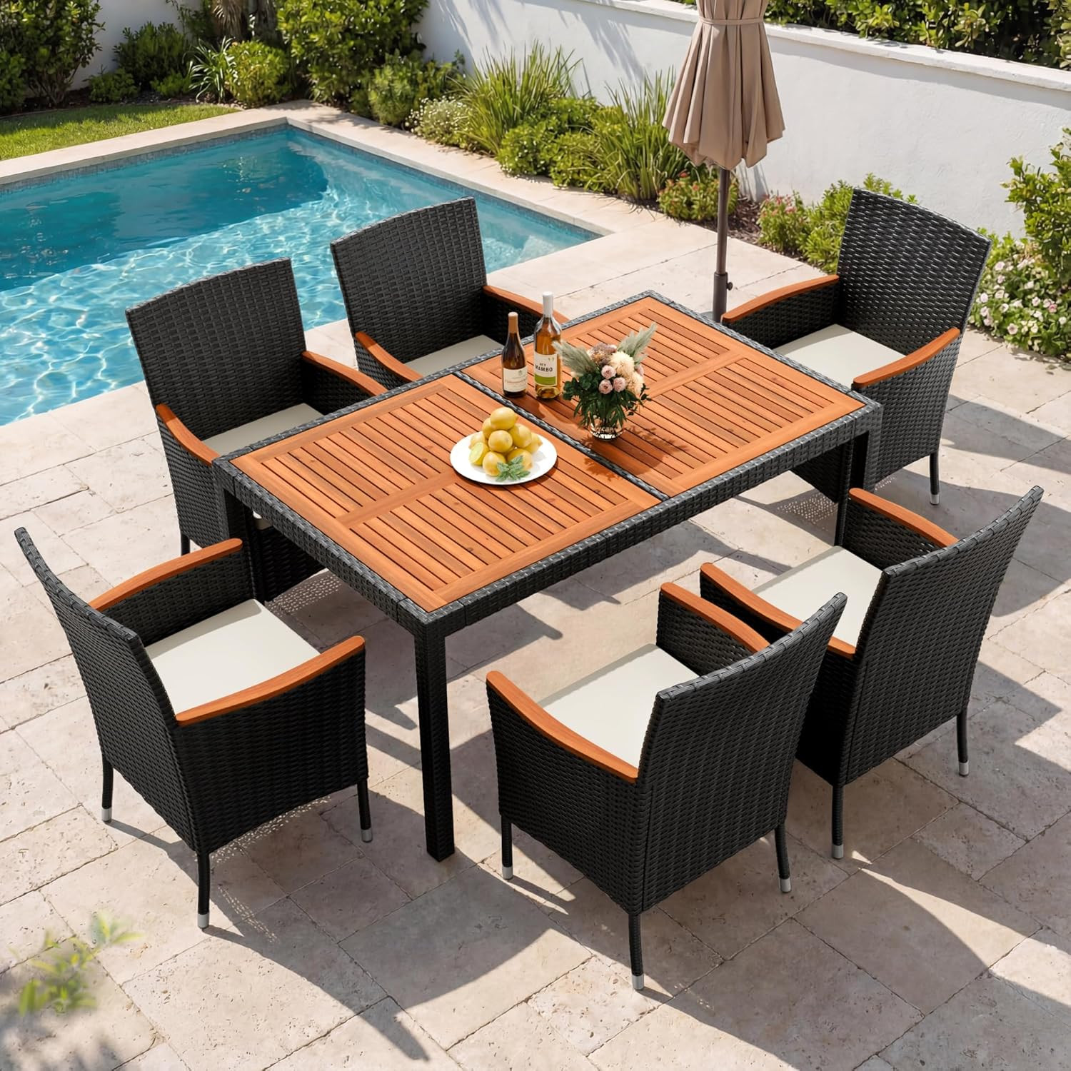 Devoko Dining 7 PCS Furniture, Patio Conversation Set with Acacia Wood Table Top