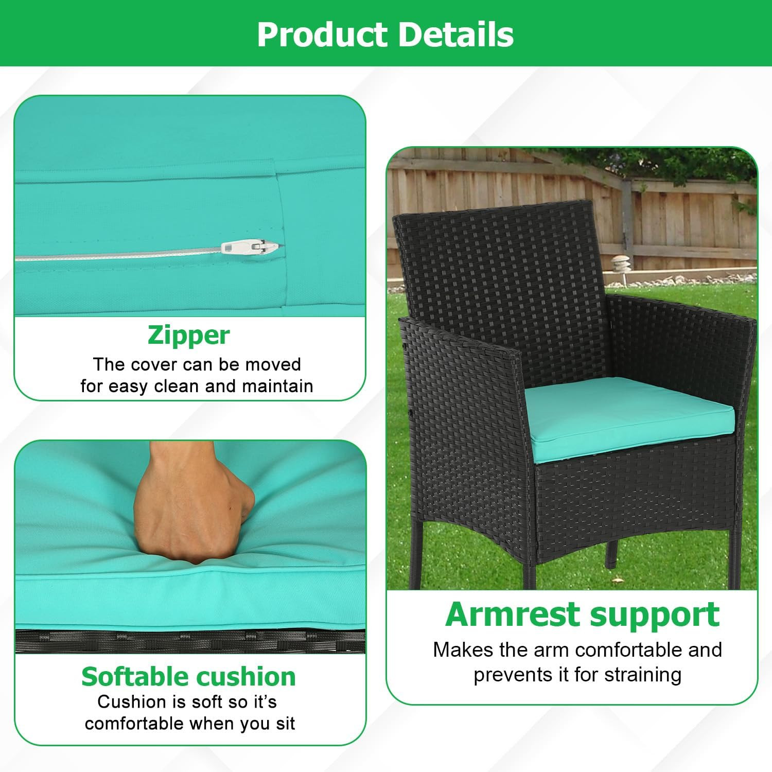 3-Piece Patio Wicker Furniture Set with Blue Cushions and Glass Table