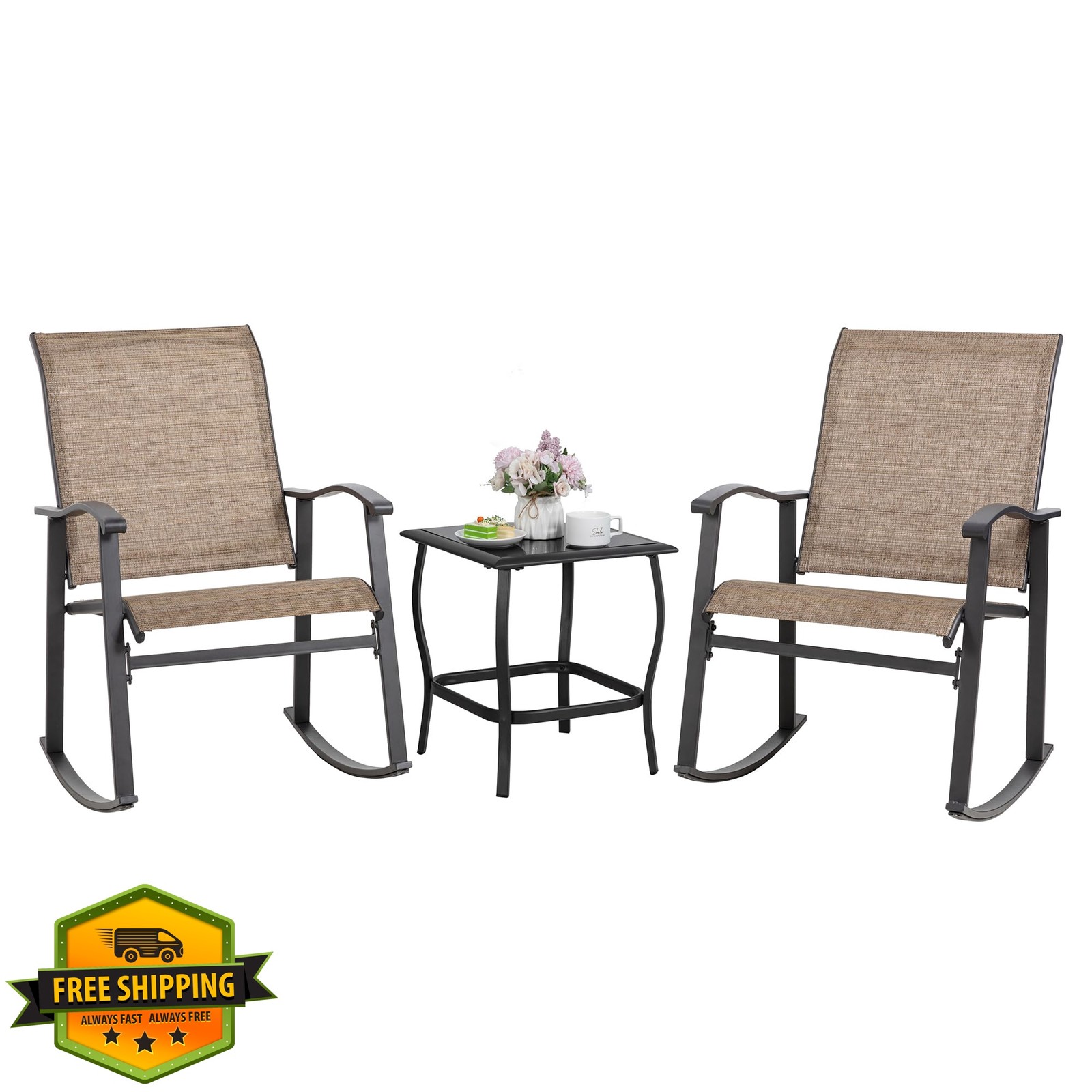 Shintenchi Rocking Chair Set Coffee with Table