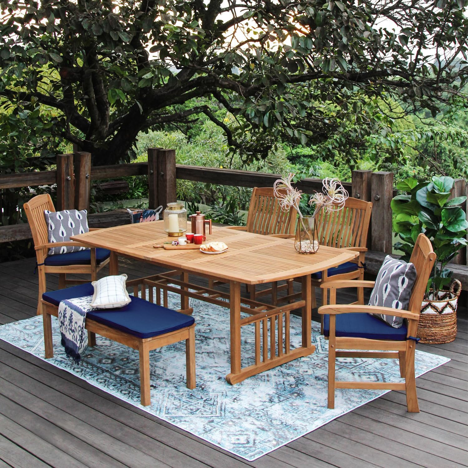 Caterina 6-Piece Teak Outdoor Dining Set with Navy Backless Bench