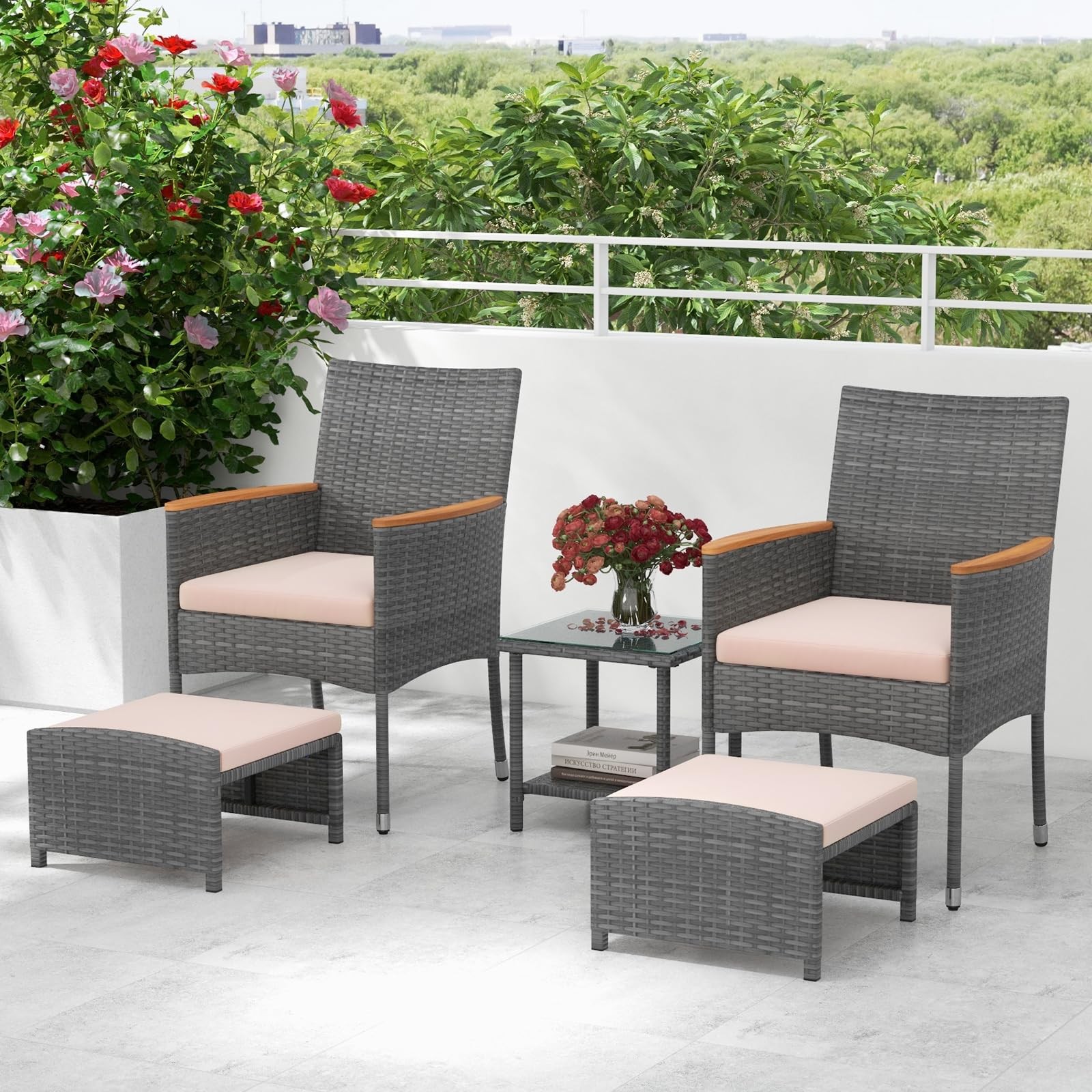 Juego De Sillas Con Cojines y Otomanas 5 Piezas Para Patio Exterior En Oferta