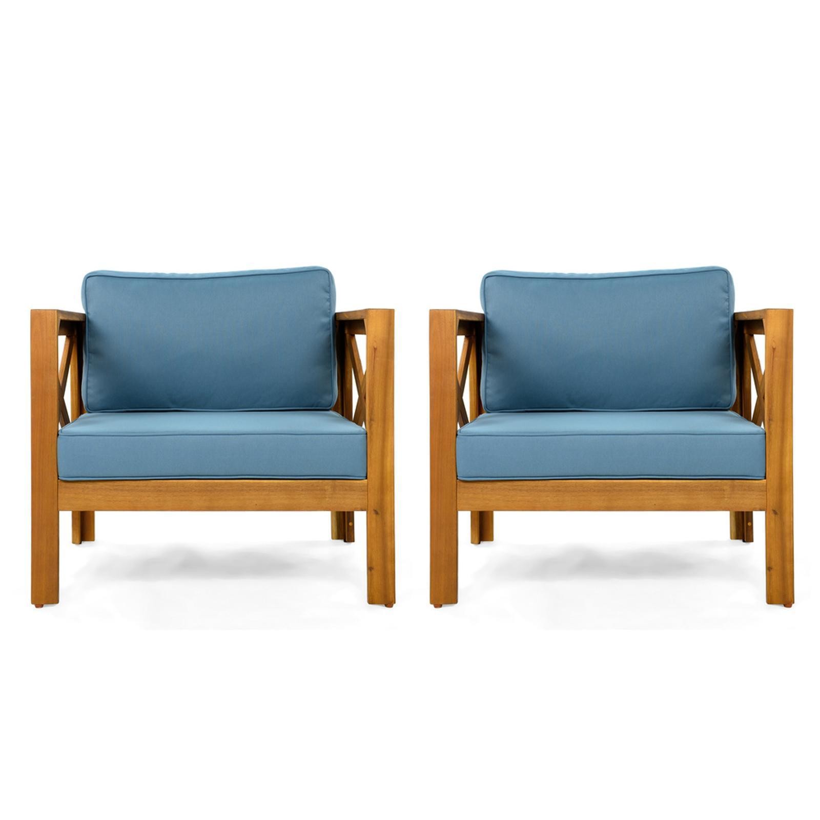 Premium Acacia Wood Club Armchairs with Waterproof Blue Cushions, Set of 2, Teak