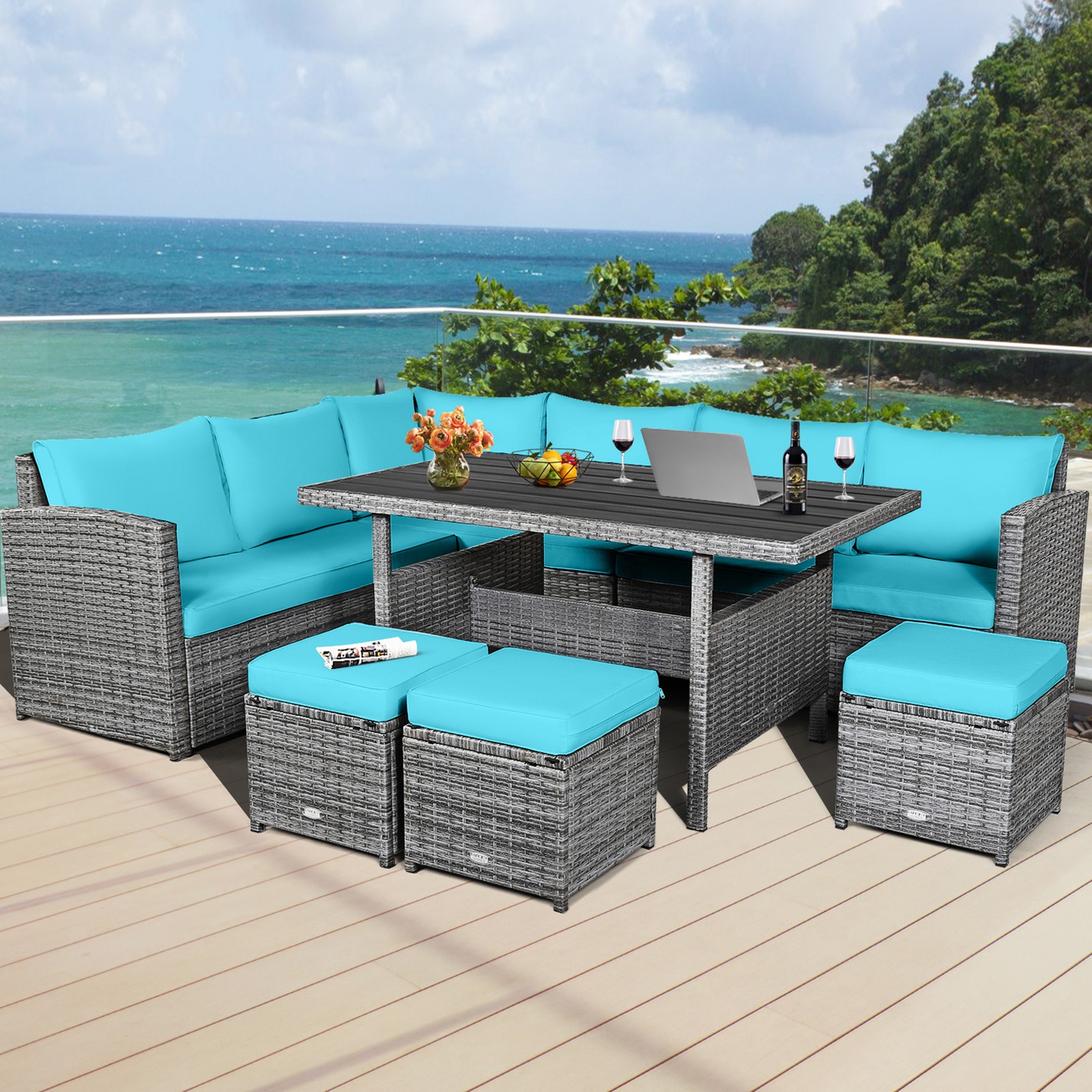 7PCS Rattan Patio Sectional Sofa Set Conversation Set w/ Turquoise Cushions
