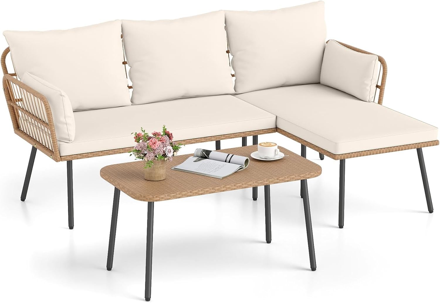 3 Pieces L-Shaped Patio Furniture Set Outdoor Sectional Cushioned Sofa New