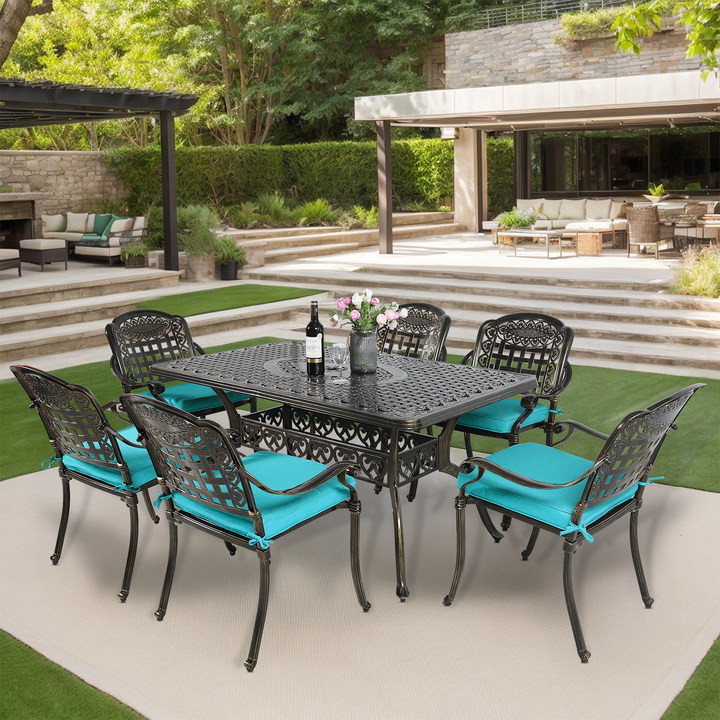 7 Piece Outdoor Dining Table and Chairs Set with 6 Stackable Chairs, Large Table