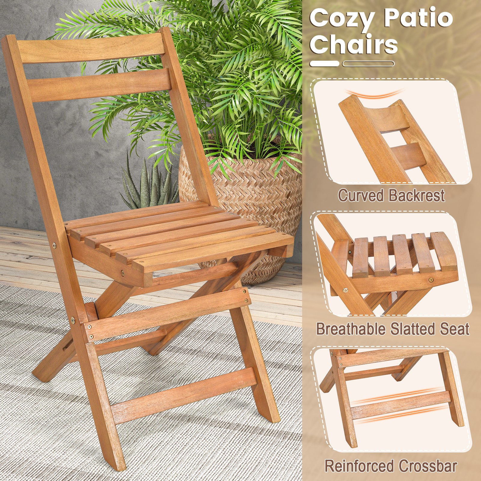 3PCS Folding Outdoor Set Solid Acacia Wood Table Chairs No Installation Required