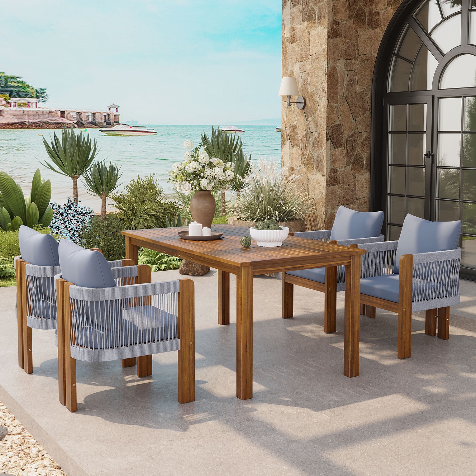 Acacia Wood Outdoor Dining Set with Cushions, Seats 4, Rope Chairs