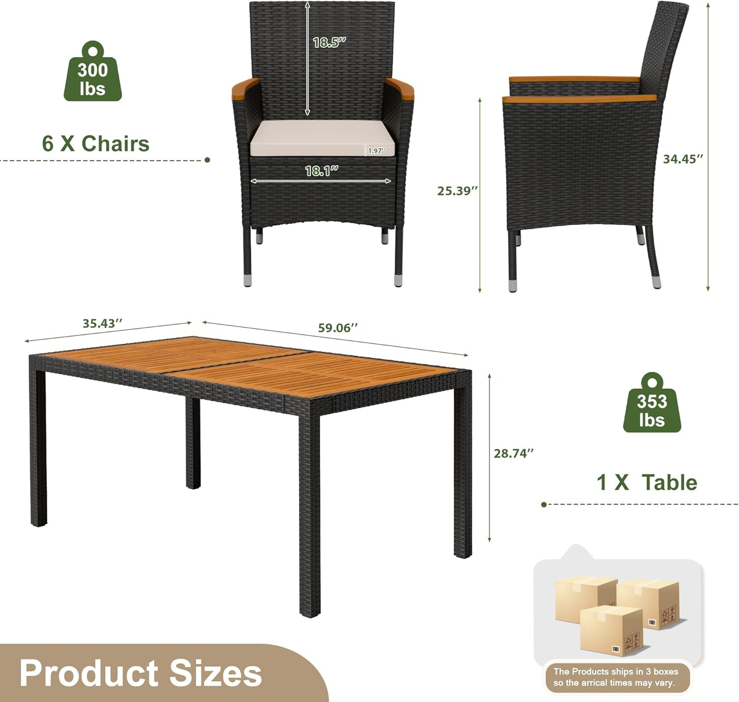 Devoko Dining 7 PCS Furniture, Patio Conversation Set with Acacia Wood Table Top