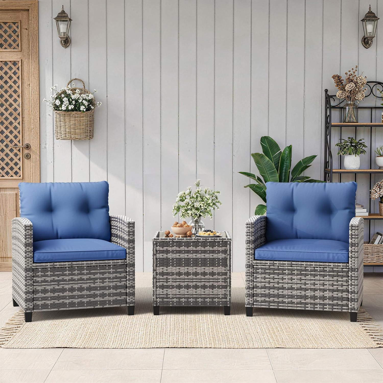 Outdoor Wicker Chairs,3 Pieces Patio Furniture Set,All Weather High Back Rattan