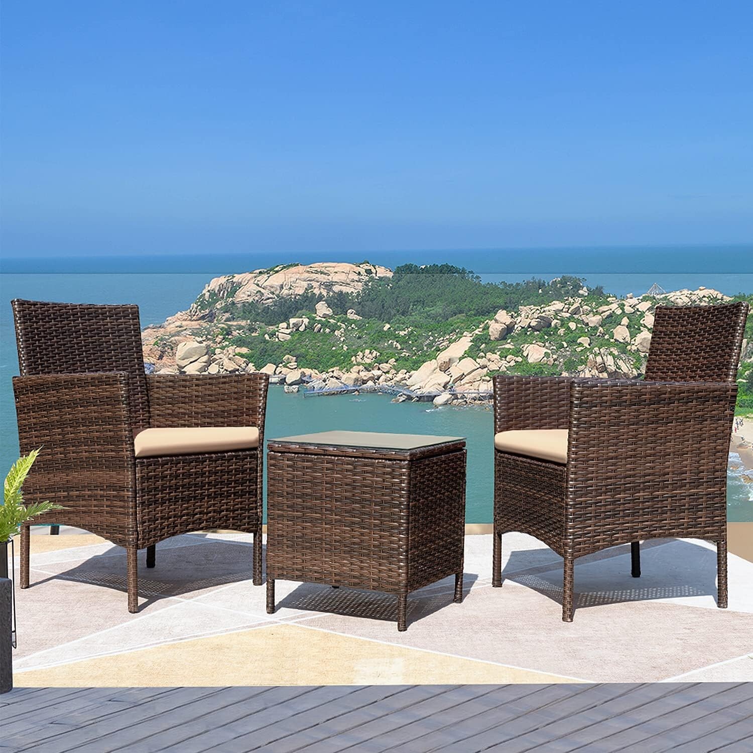 Outdoor Wicker Rattan Patio Chair Furniture pair & Small Side Coffee Table Glass