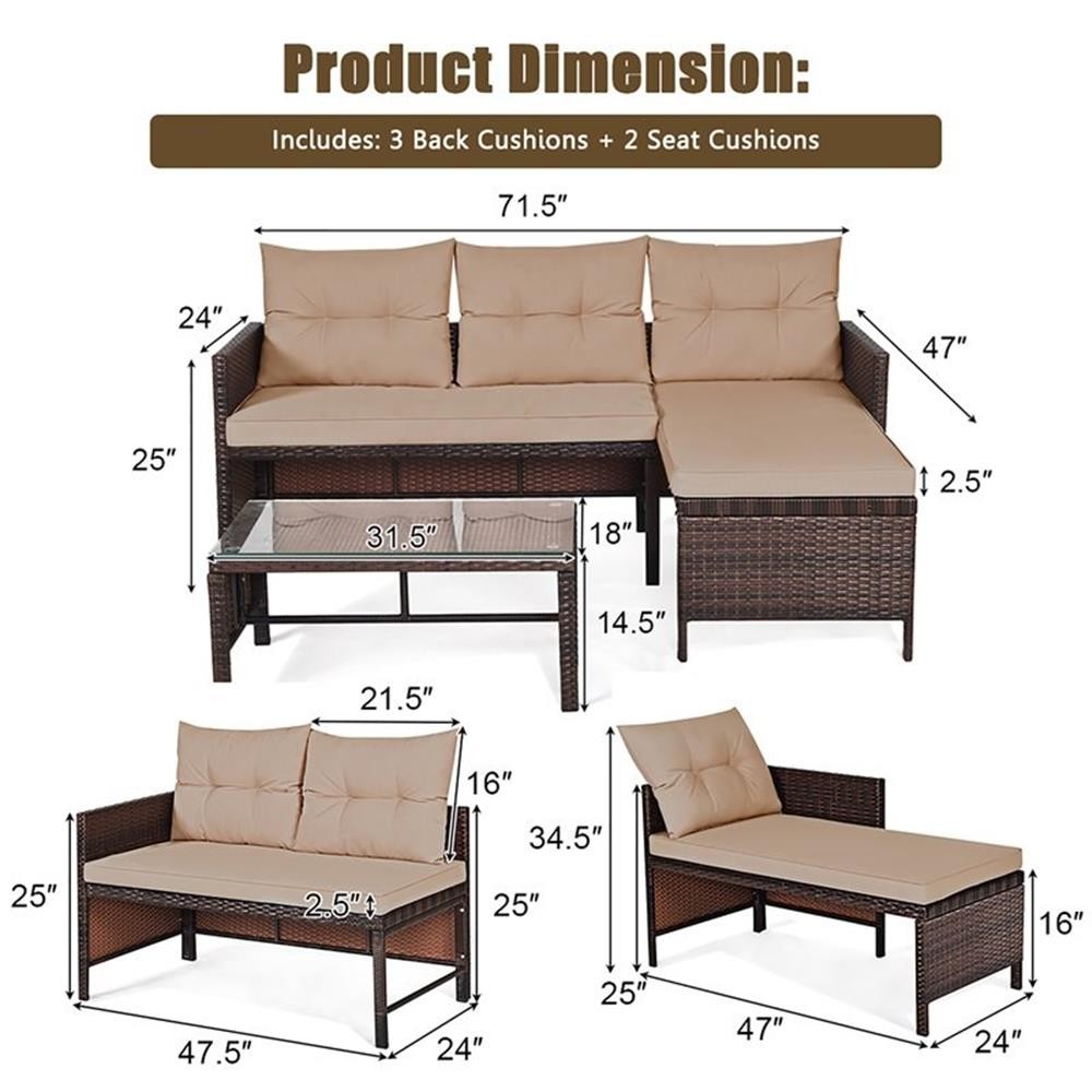 Pemberly Row 3-piece Contemporary Rattan and Steel Patio Sofa Set in Brown/Beige