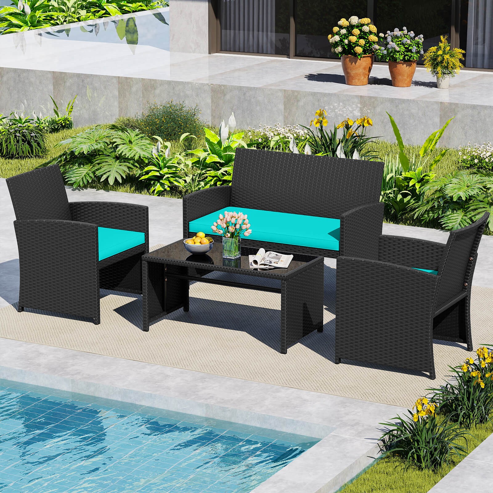 4 PCS Patio Conversation Set w/Seat Cushions & Tempered Glass Tabletop, Porch