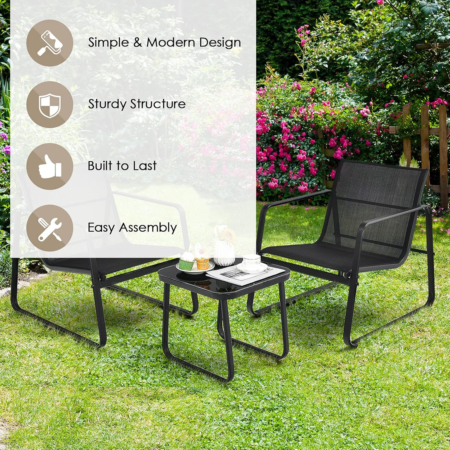 Chic 3-Piece Black Outdoor Conversation Set for Patio and Garden