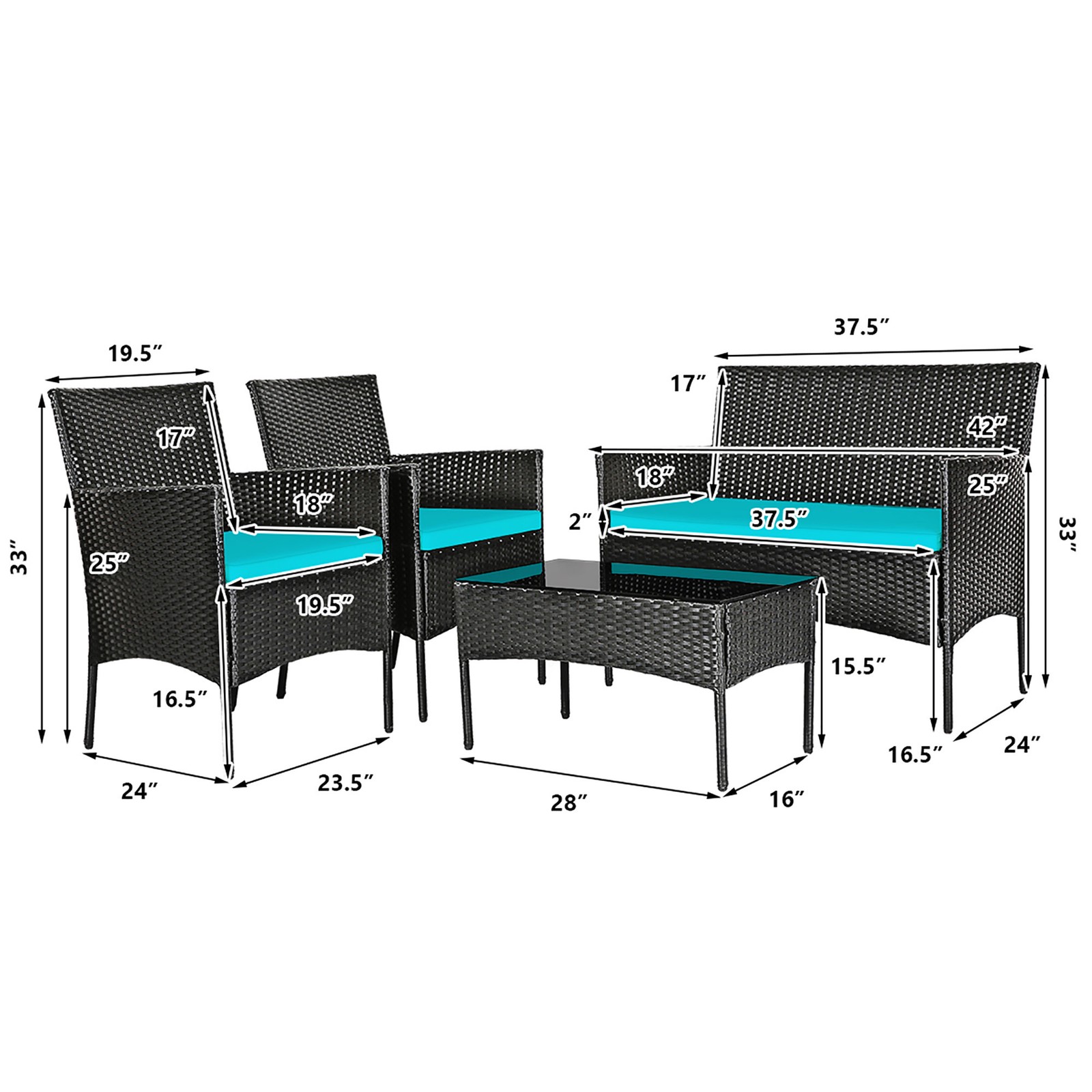 4PCS Outdoor Furniture Set Patio Rattan Conversation Set w/ Turquoise Cushion
