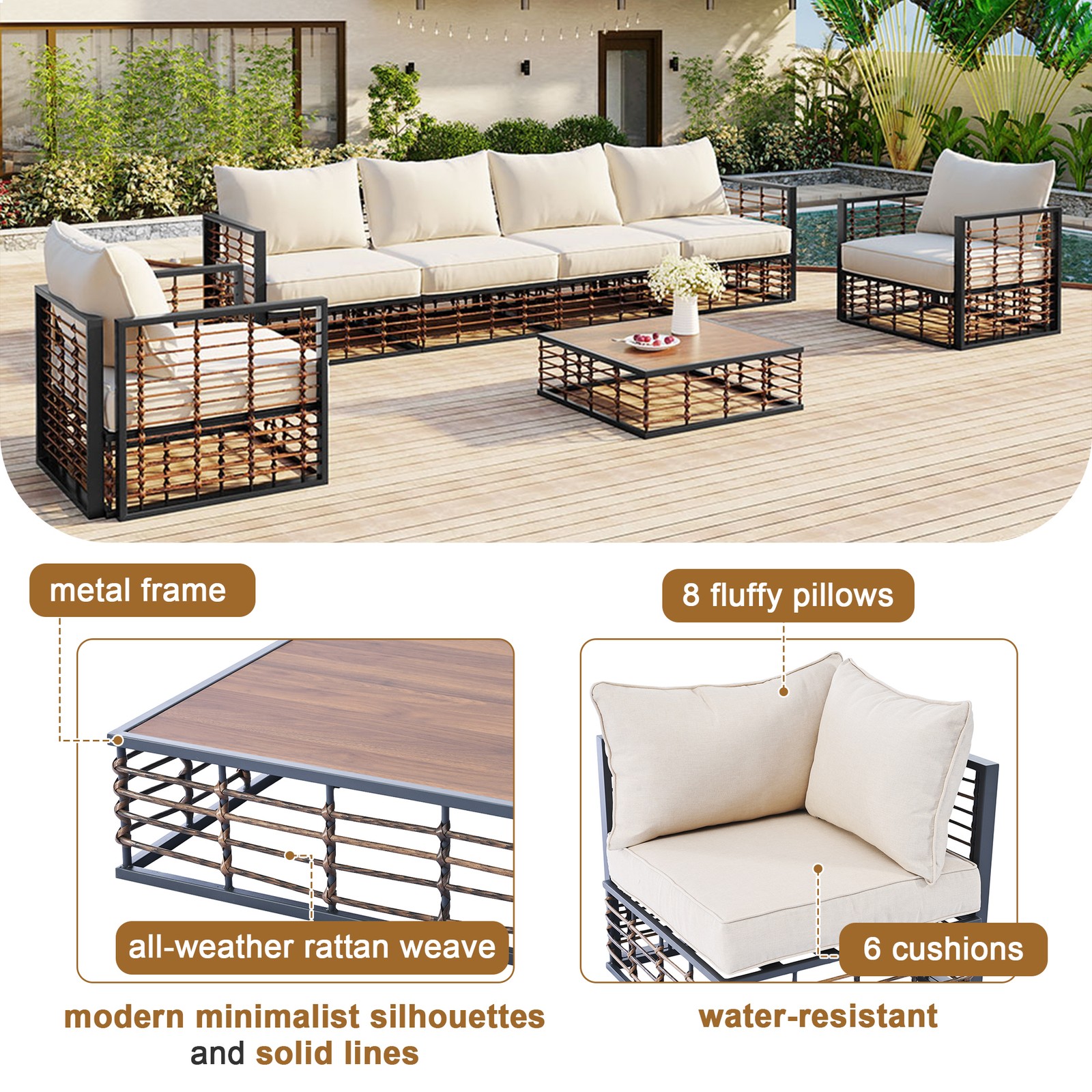 7-Piece Metal Patio Sectional Sofa Set with Coffee Table – Dark Grey