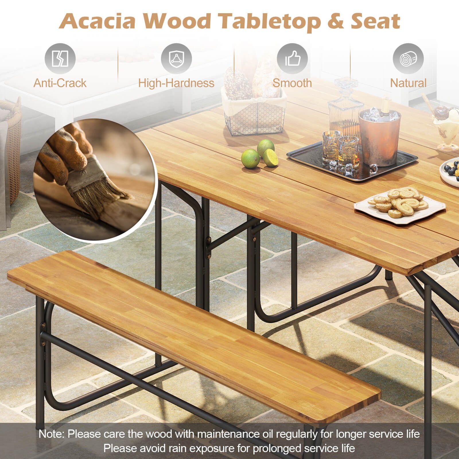 2PCS Table Bench Set for 2 Picnic Table & Loveseat w/Acacia Wood Top Metal Legs