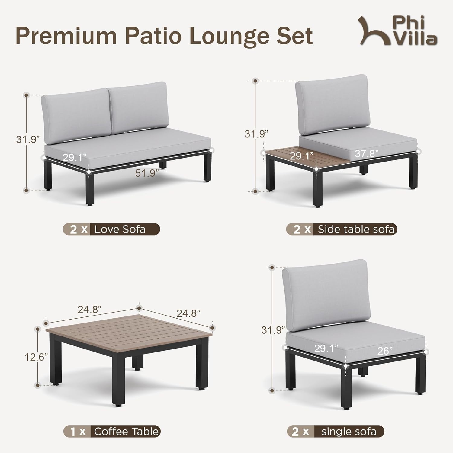 7 Pieces Metal Patio Furniture Set, Modular Outdoor Sectional Conversation Set