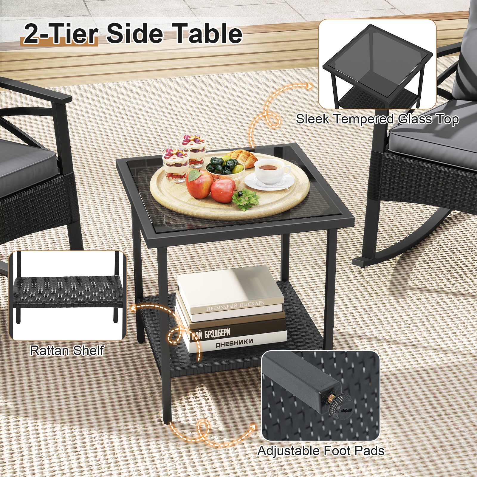 3-Piece Rattan Rocking Bistro Set w/Tempered Glass Tabletop & Cushions for Porch