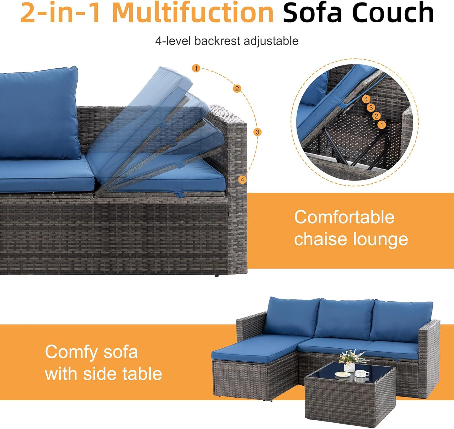 4 Pieces Patio Furniture Set, 2-In-1 Convertible Sectional Sofa & Chaise Lounge,