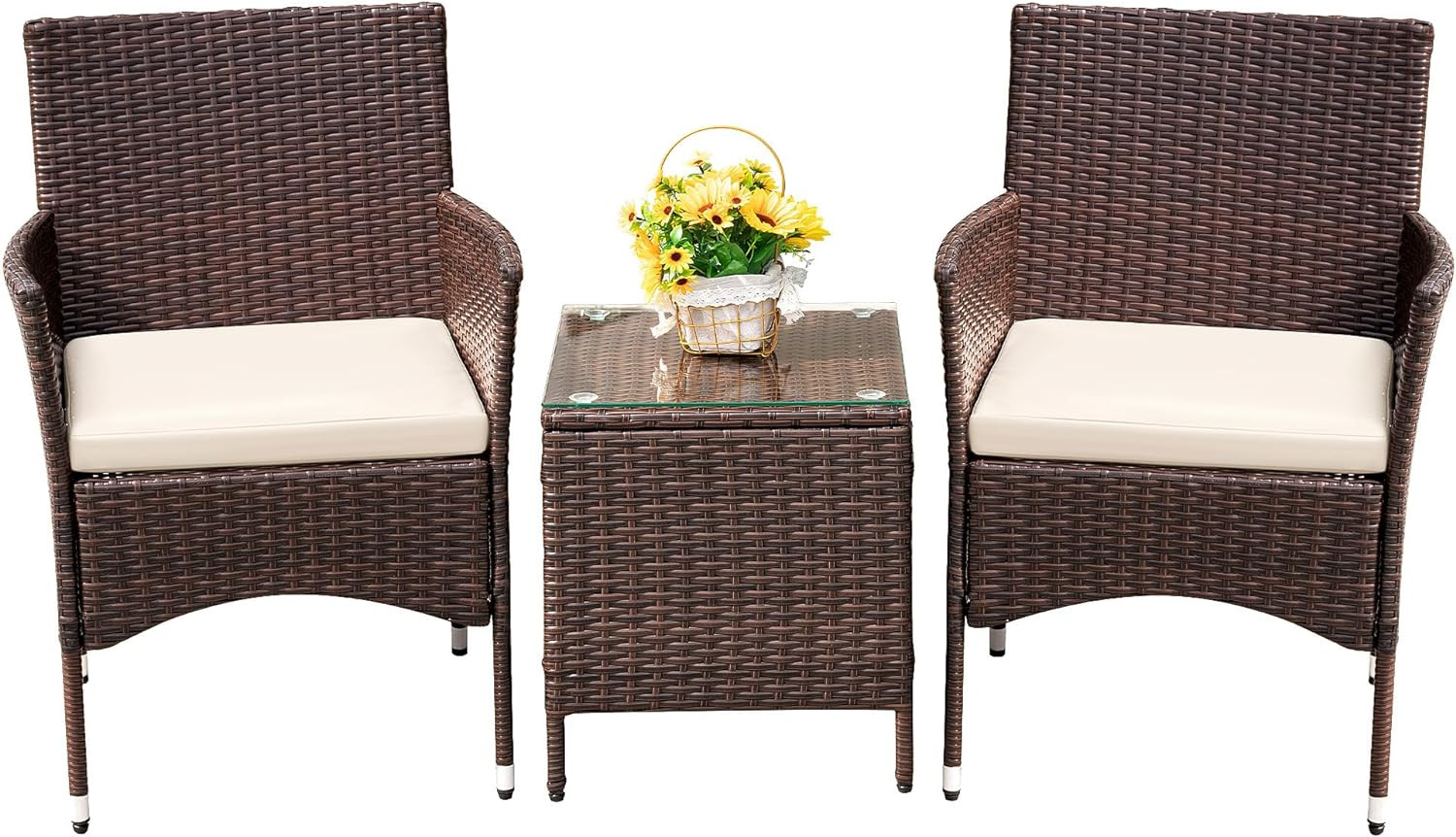 Patio Porch Furniture 3 Piece Set PE Rattan Wicker Chairs with Table Brown/Beige