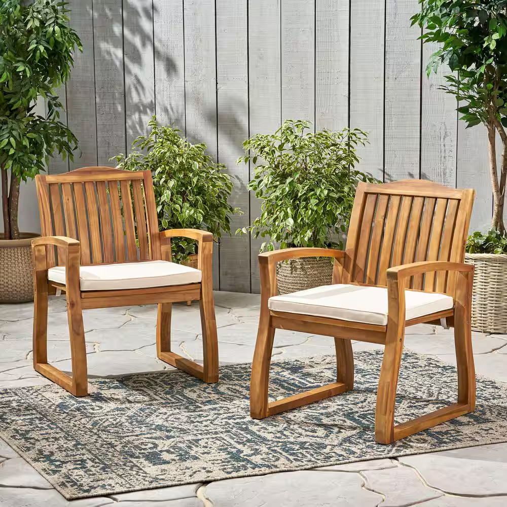 2-Pieces Outdoor Wood Dining Chairs with Cream Cushions for Garden in Brown