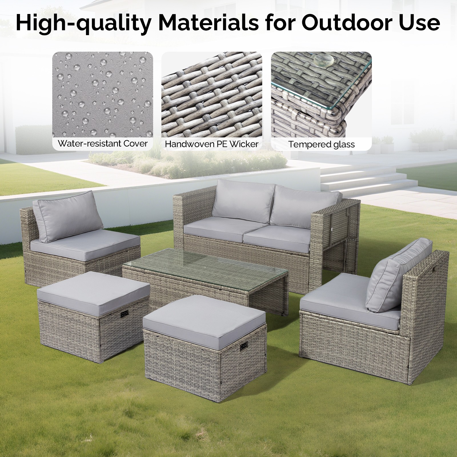 6x Outdoor Rattan Patio Furniture Set Wicker Sectional Sofa Gray Cushion Storage